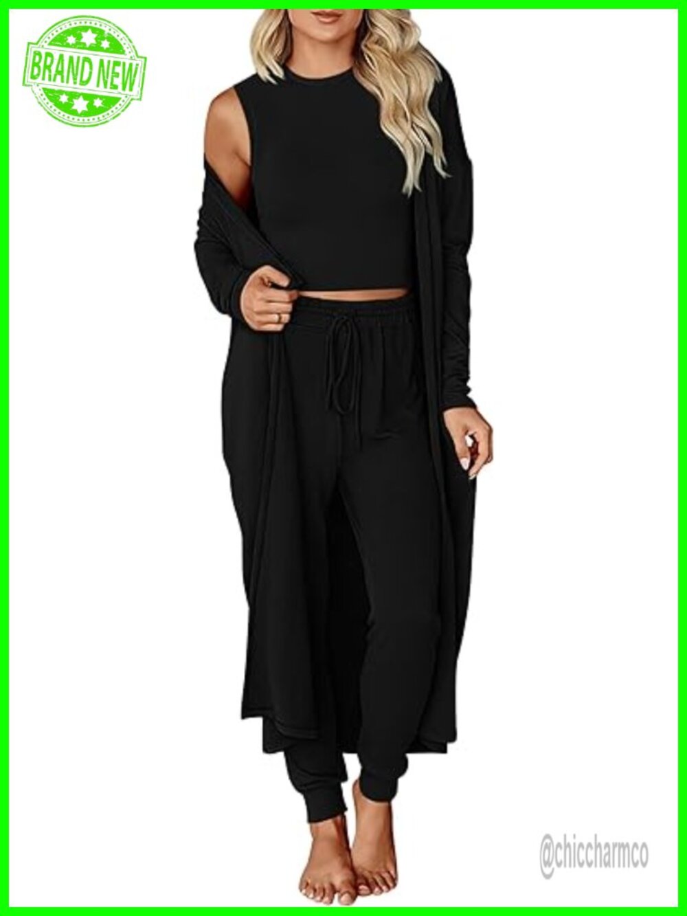 3 Piece Lounge Set with Cardigan Tank Top Jogger Pants Travel Outfit
